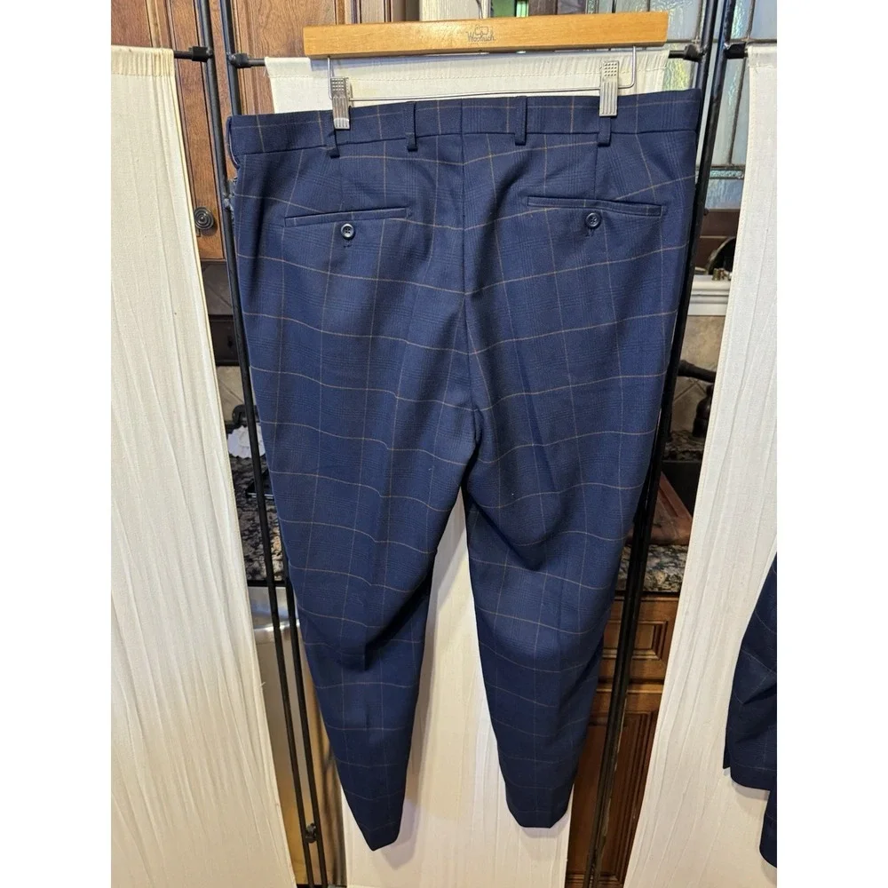 Stacy Adams Men's 2 Piece Suit Navy Blue Windowpane Plaid Hybrid Modern Fit Flat